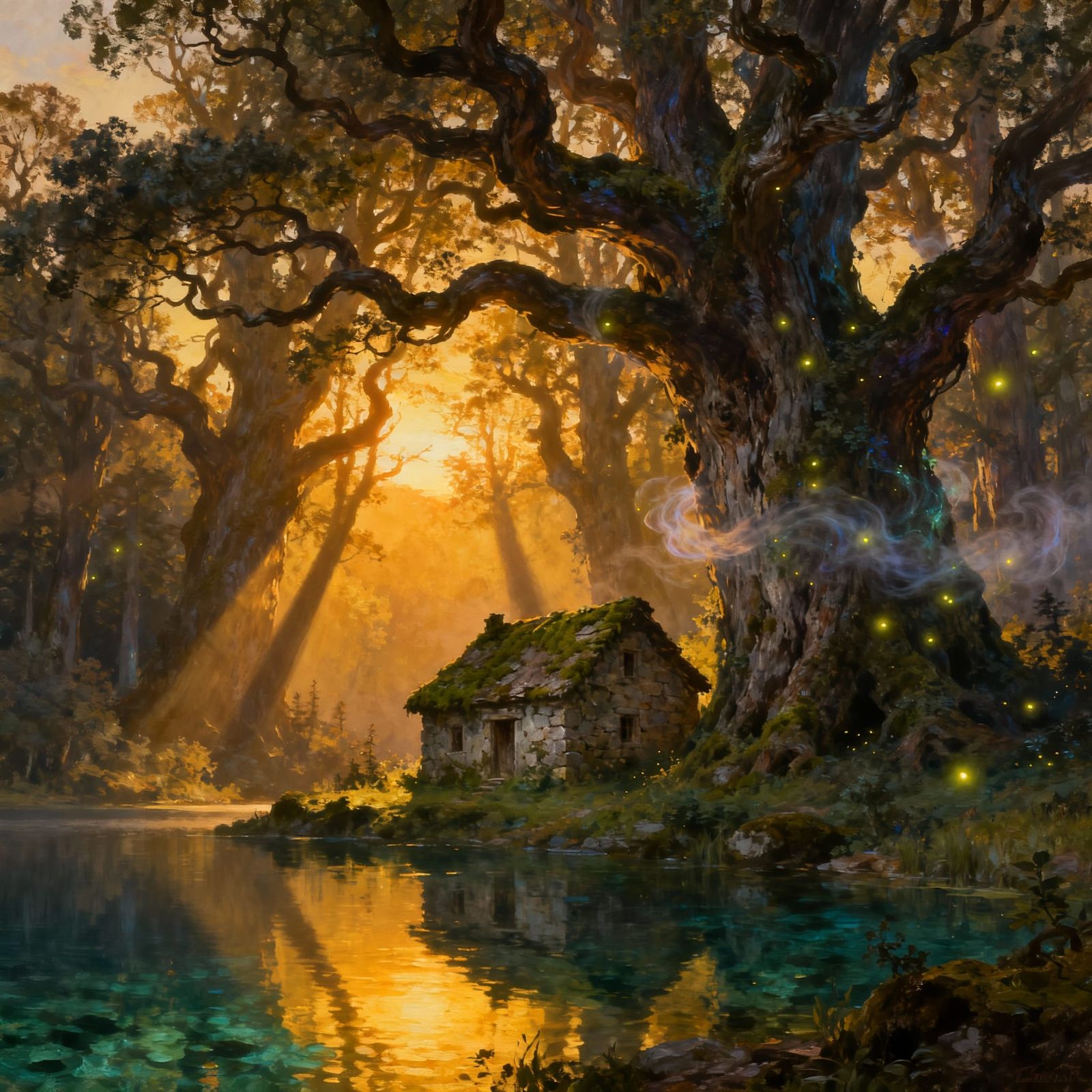 Ancient Cottage by Lake at Sunset, Painterly Style