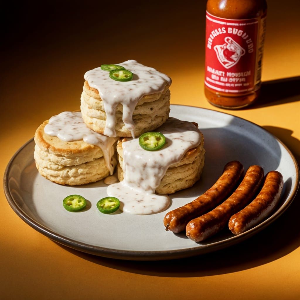 Warm Breakfast Scene with Biscuits, Sausages, and Jalapenos