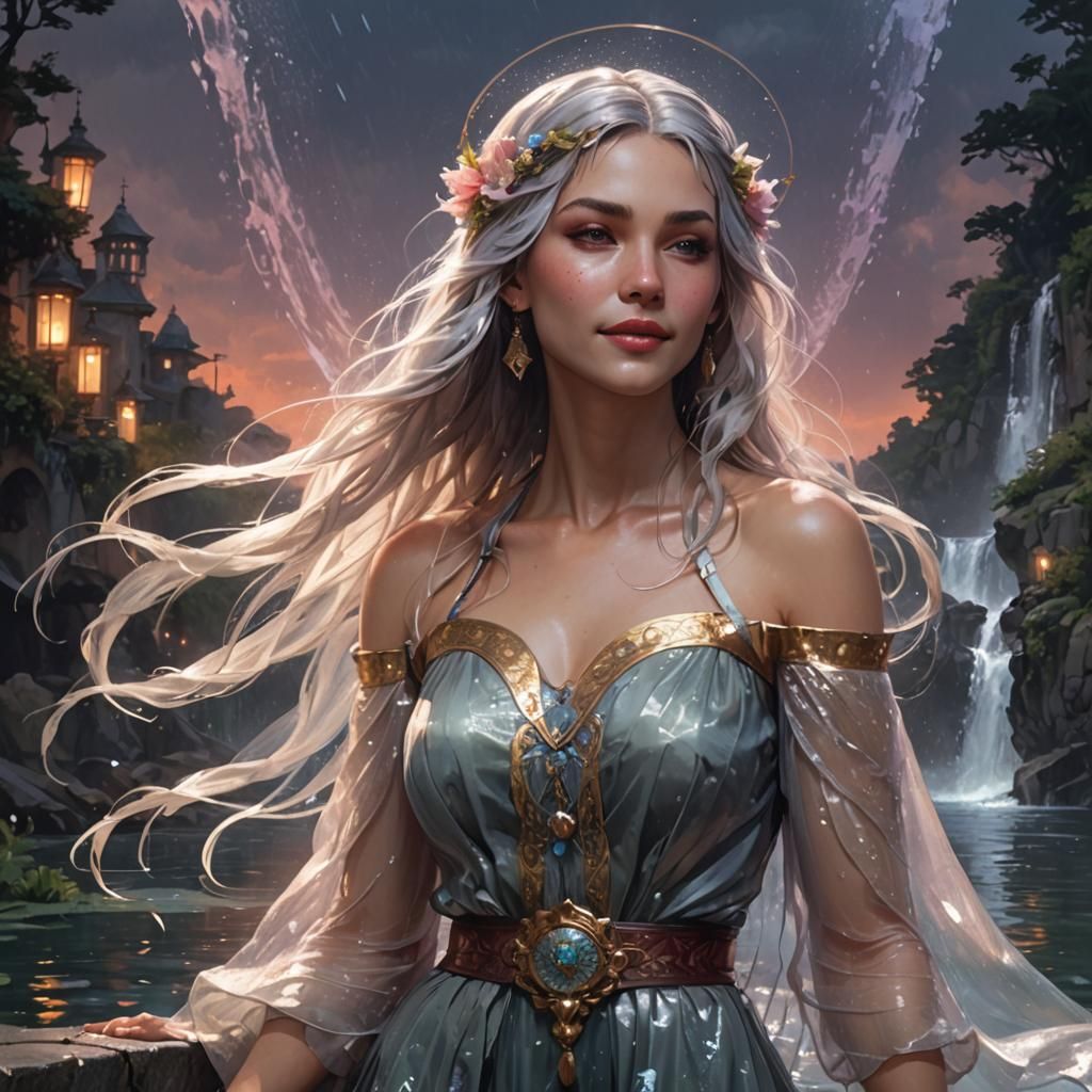 Smiling Woman in Water: Hyperdetailed Art Nouveau Portrait