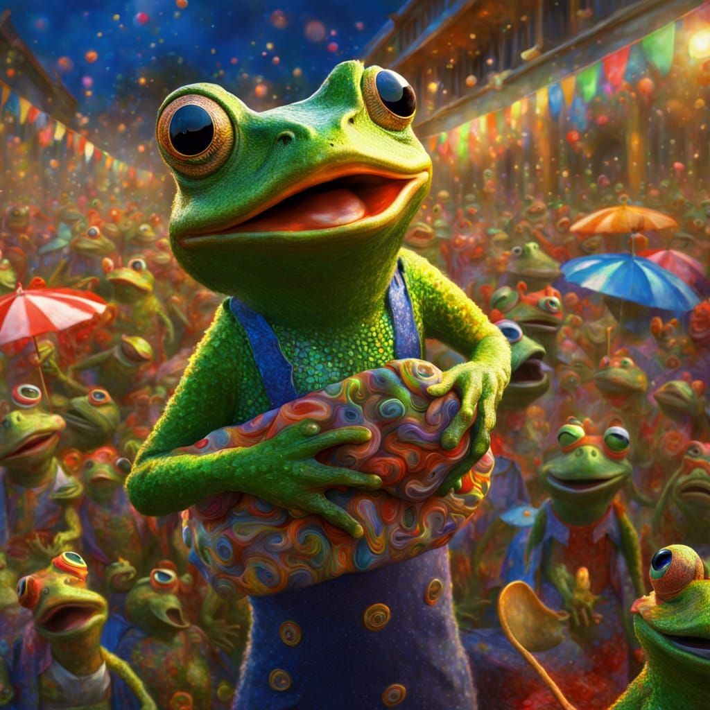 Frog Surprise Party in Fantasy Painting Style