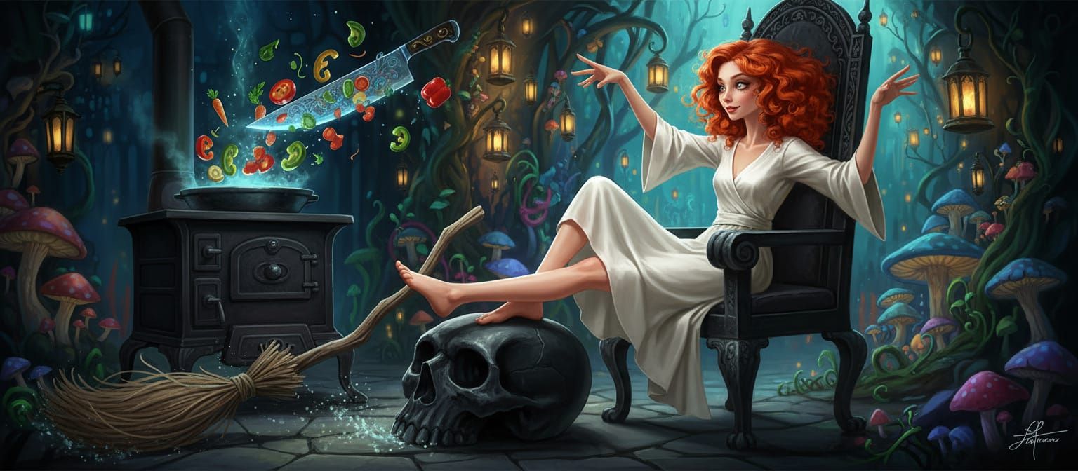 Whimsical Witch Directs Magical Chores in Vibrant Style