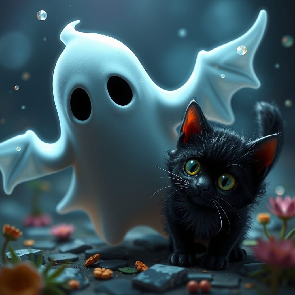 Cute Ghost and Kitten in Pixar Style
