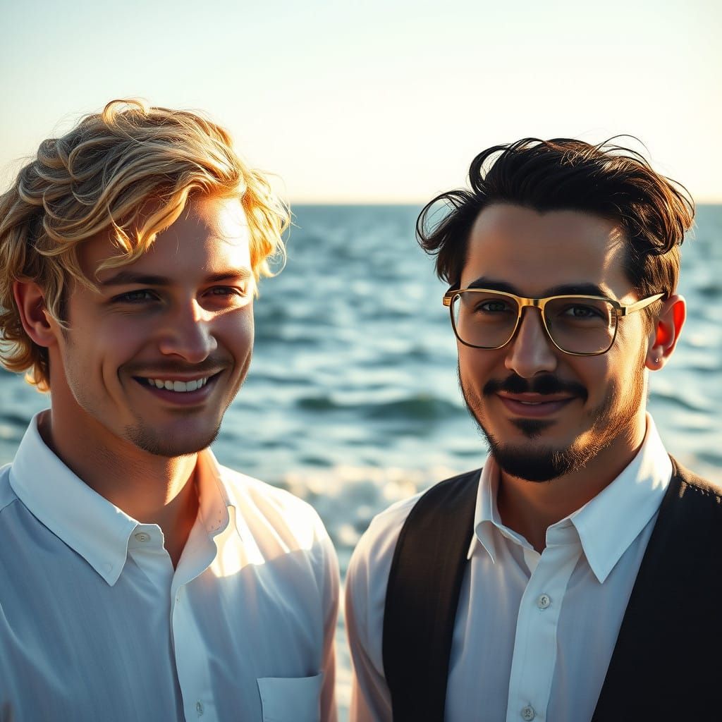 Two Young Hasidic Men Bask in Tranquil Ocean Setting, Radiat...