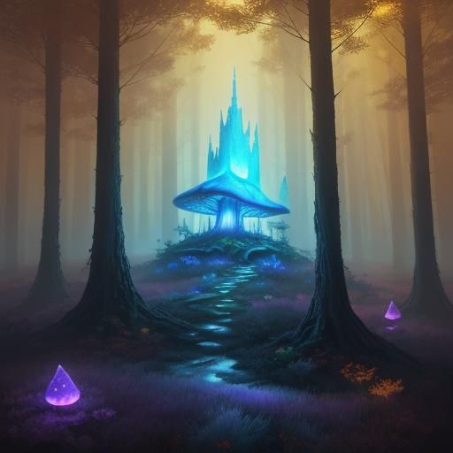 Vibrant Oil Painting of Pikachu Amidst Glowing Mushrooms