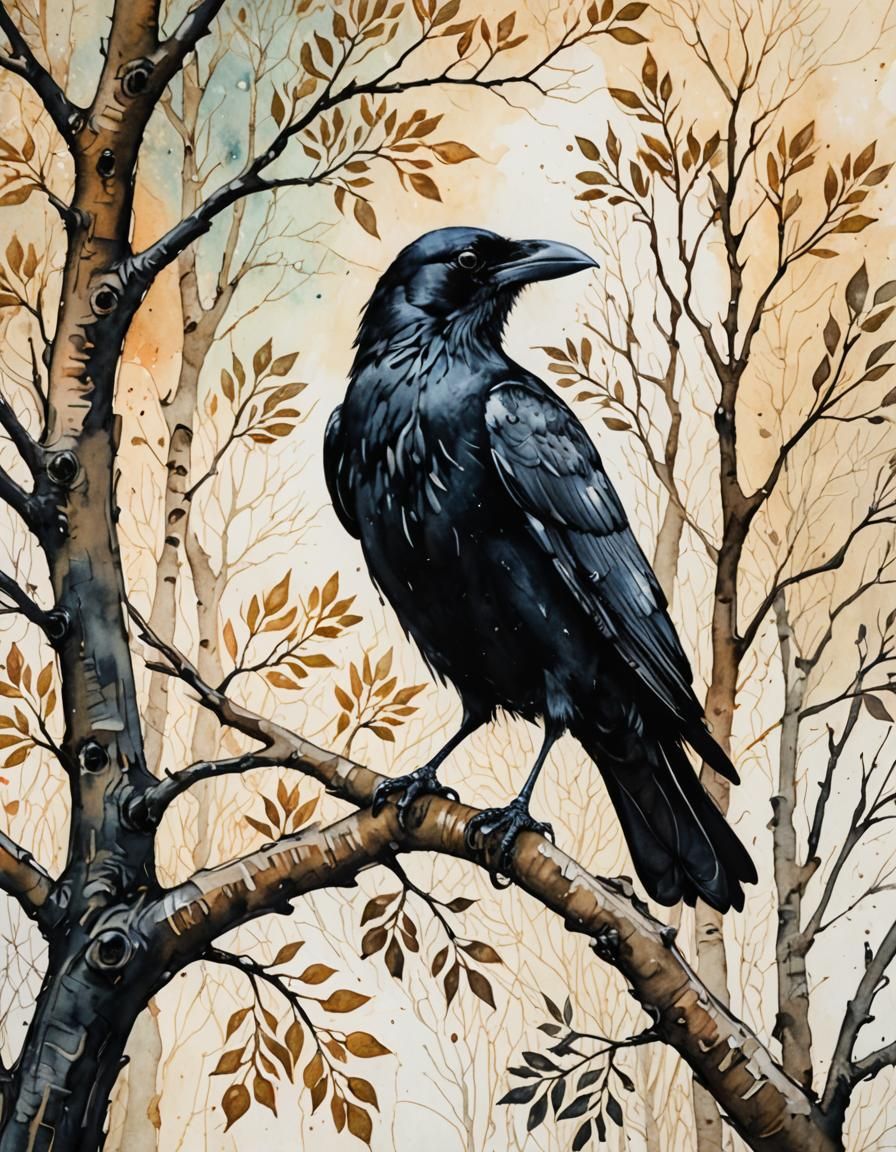 Black Crow on Branch in Impressionistic Style