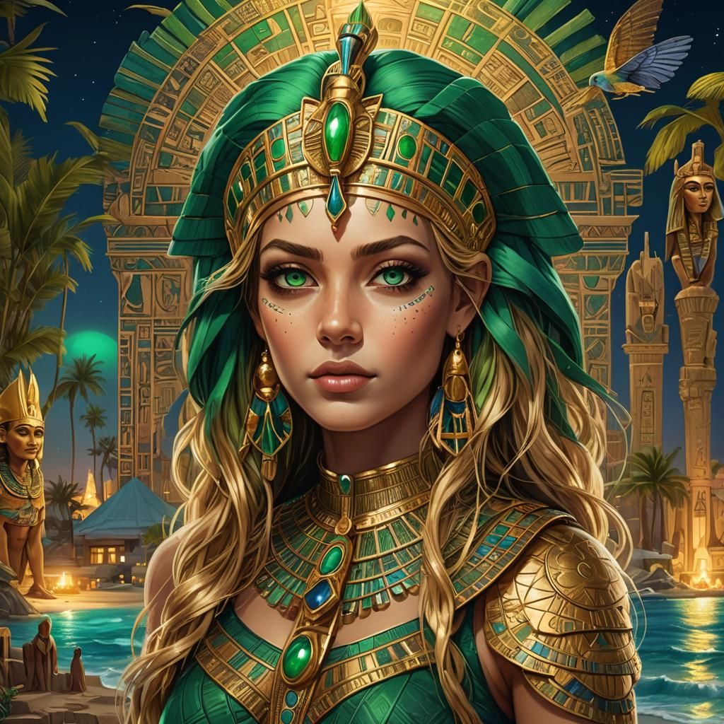a very beautiful queen with big, green eyes and golden hair,...