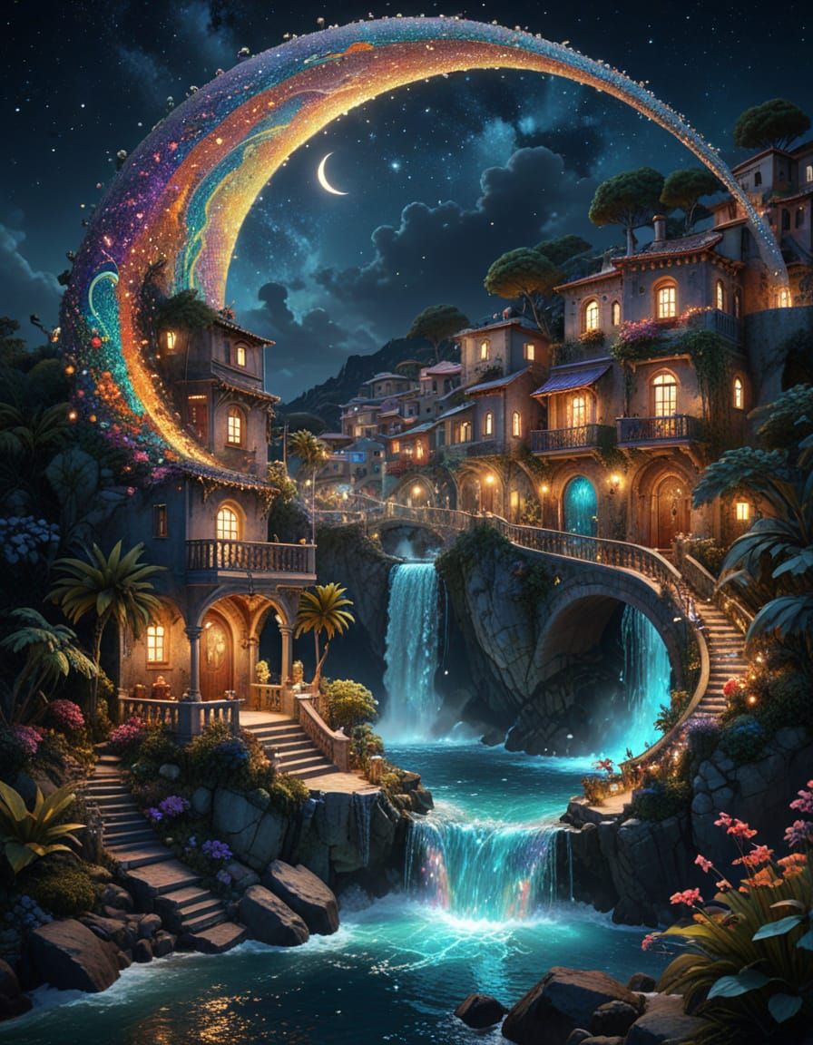 Fantasy Mediterranean Village in Giant Crescent Moon
