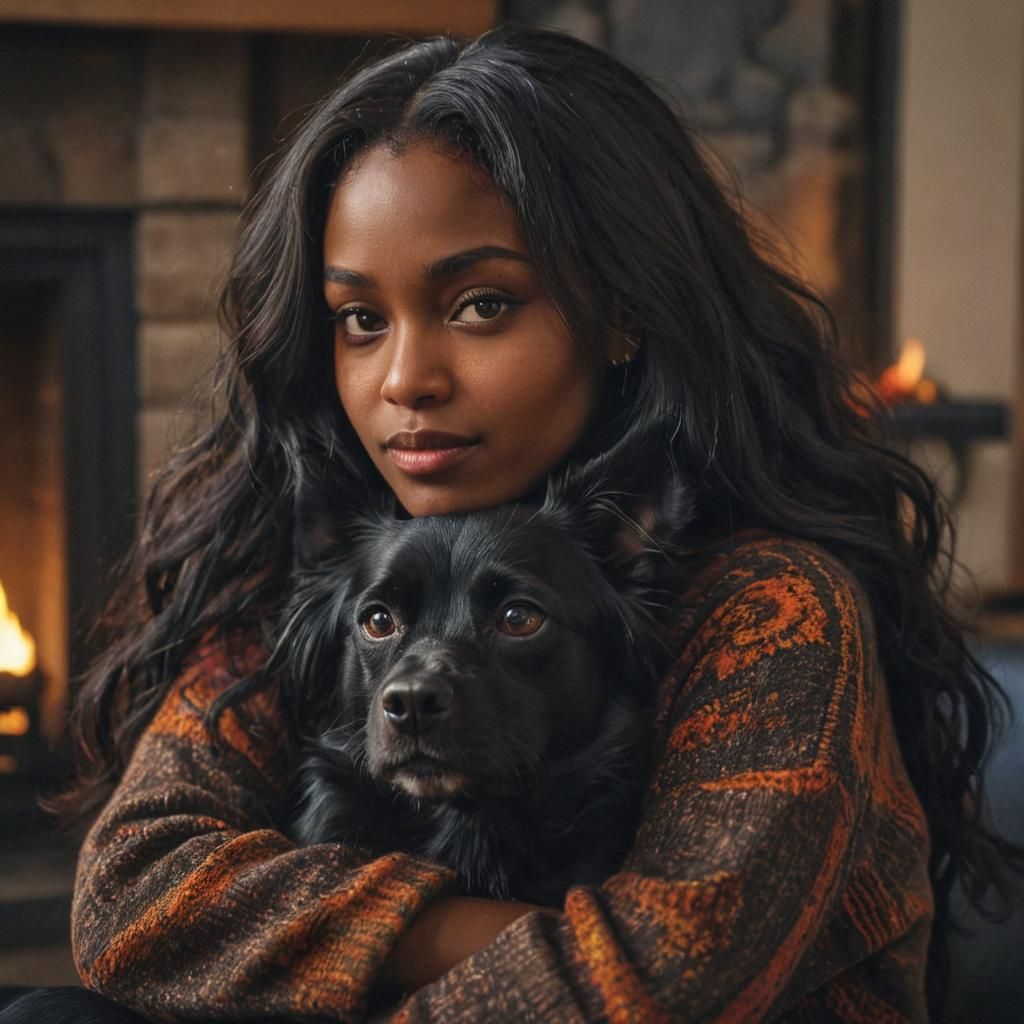 Intimate Portrait of Woman and Dog by Firelight