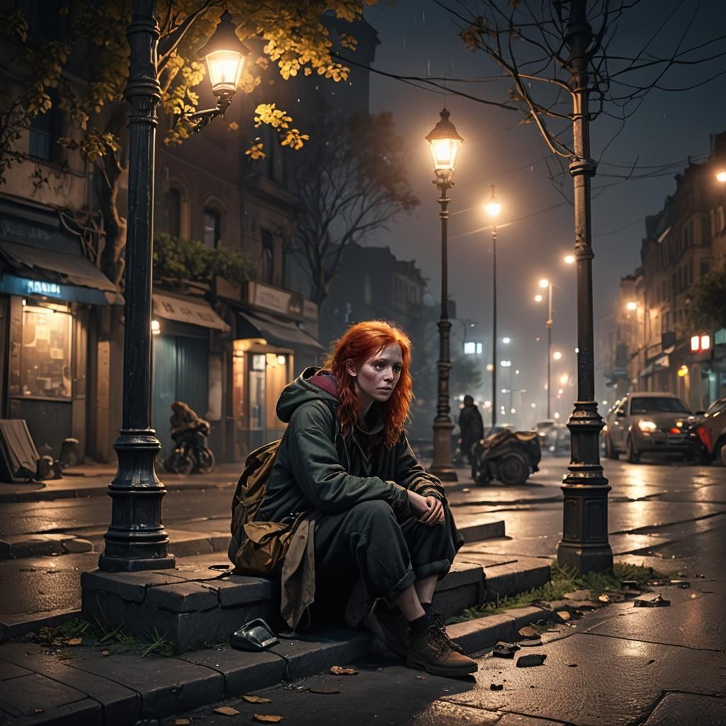Red-Haired Girl Under Street Light: Fantasy Art