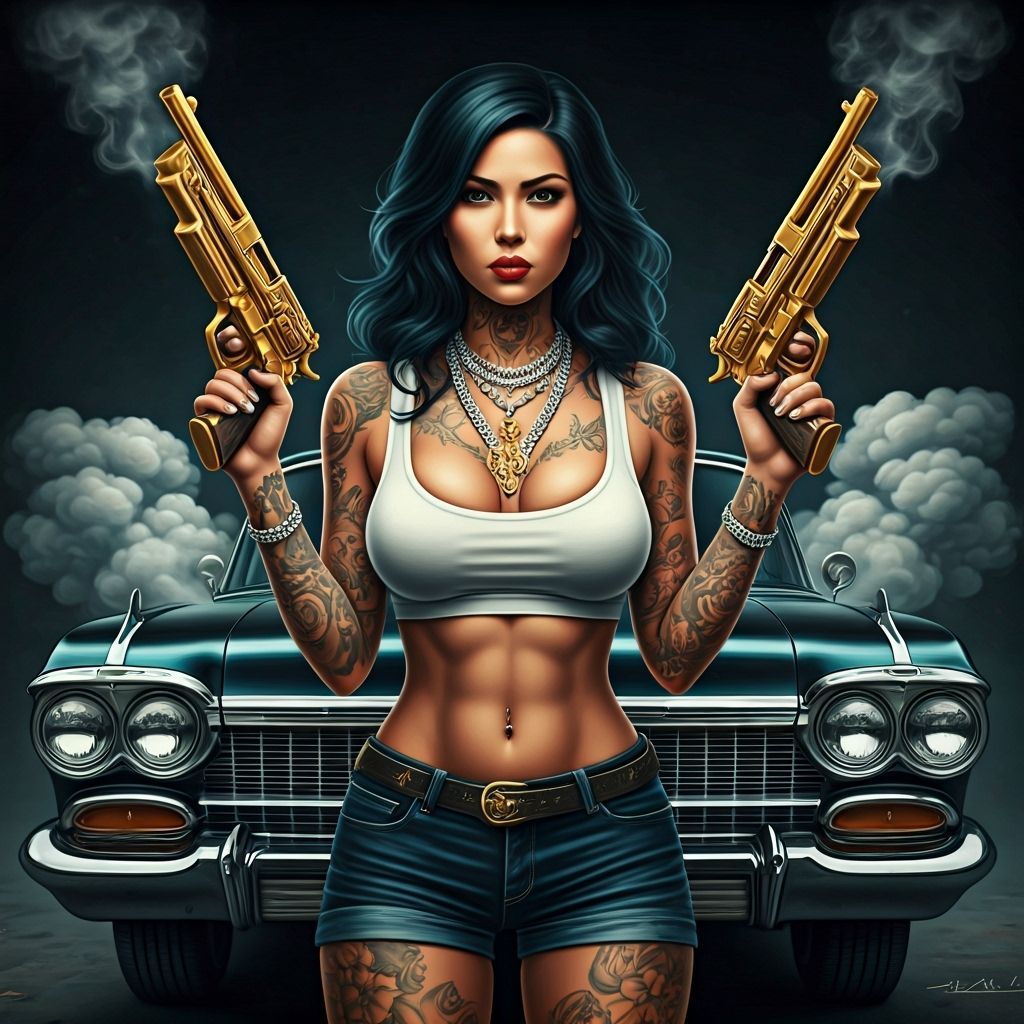 Chicana Poses Defiantly with Handguns in Front of Lowrider