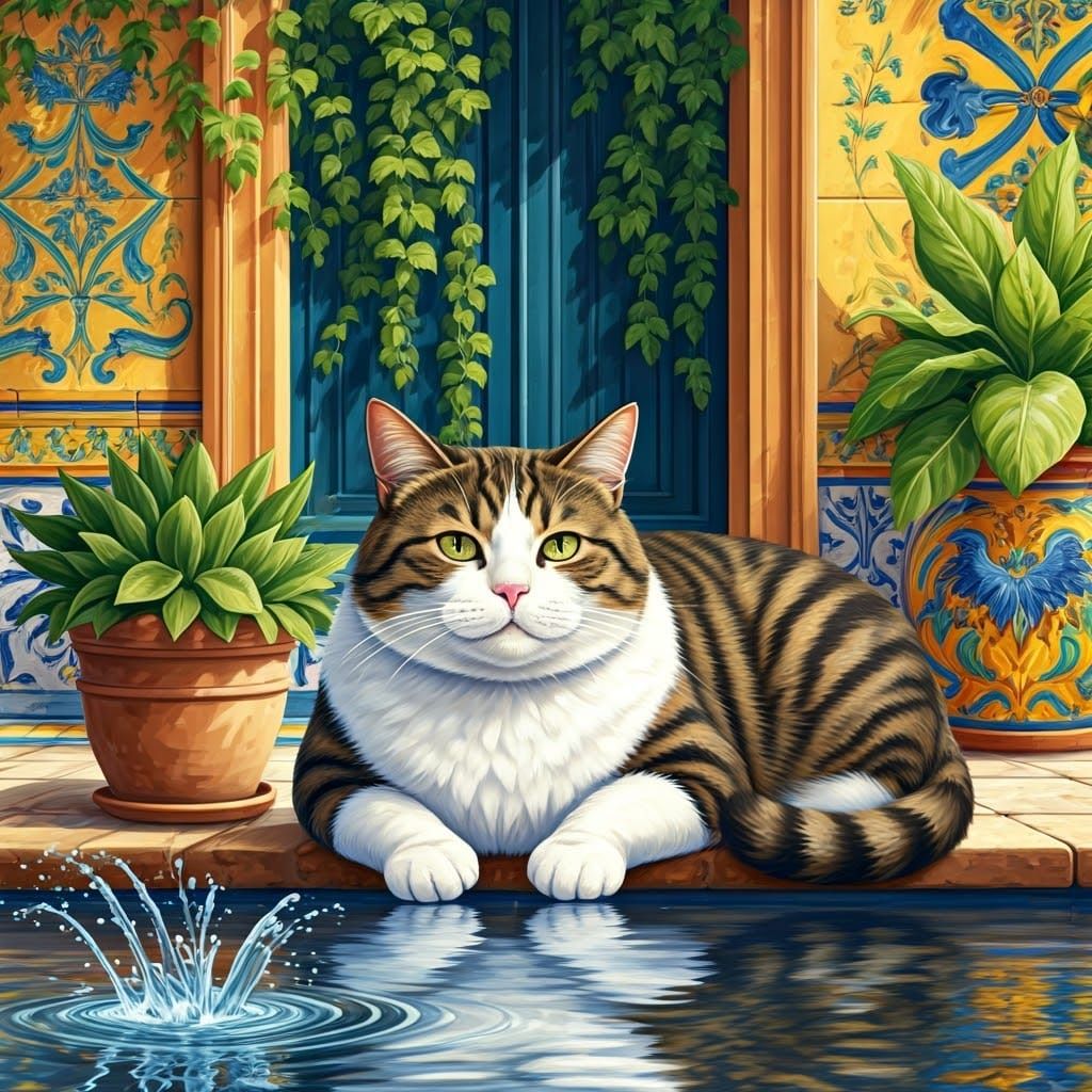Whimsical Majolica Cat in a Splashing Courtyard Scene