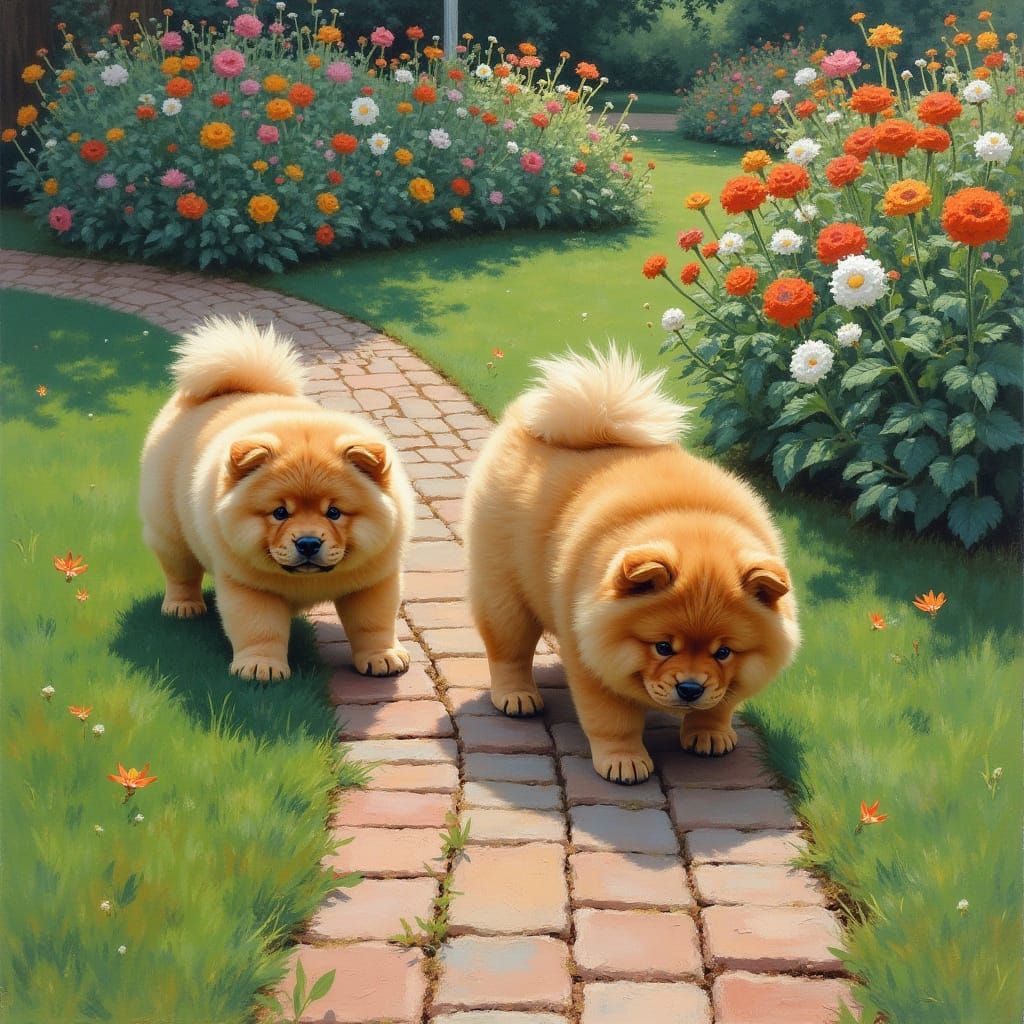 Chow Chow Puppies Play in Impressionist Garden