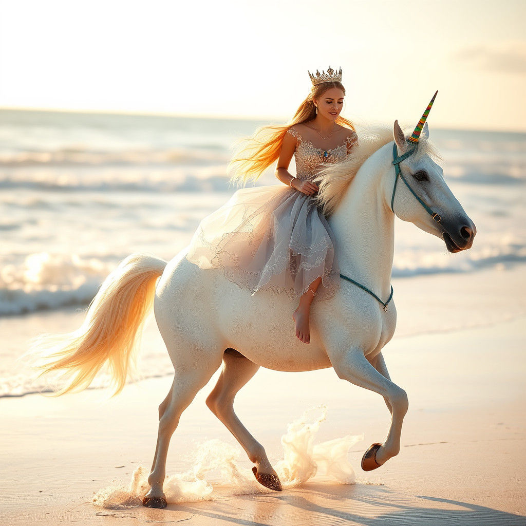 Majestic Princess Rides Unicorn Along Sun-Kissed Beach