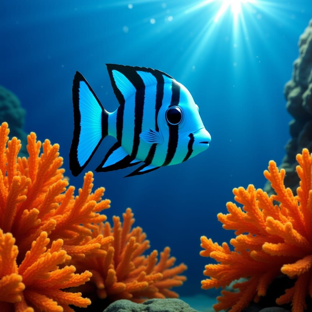 Underwater Scene with Striped Fish and Coral