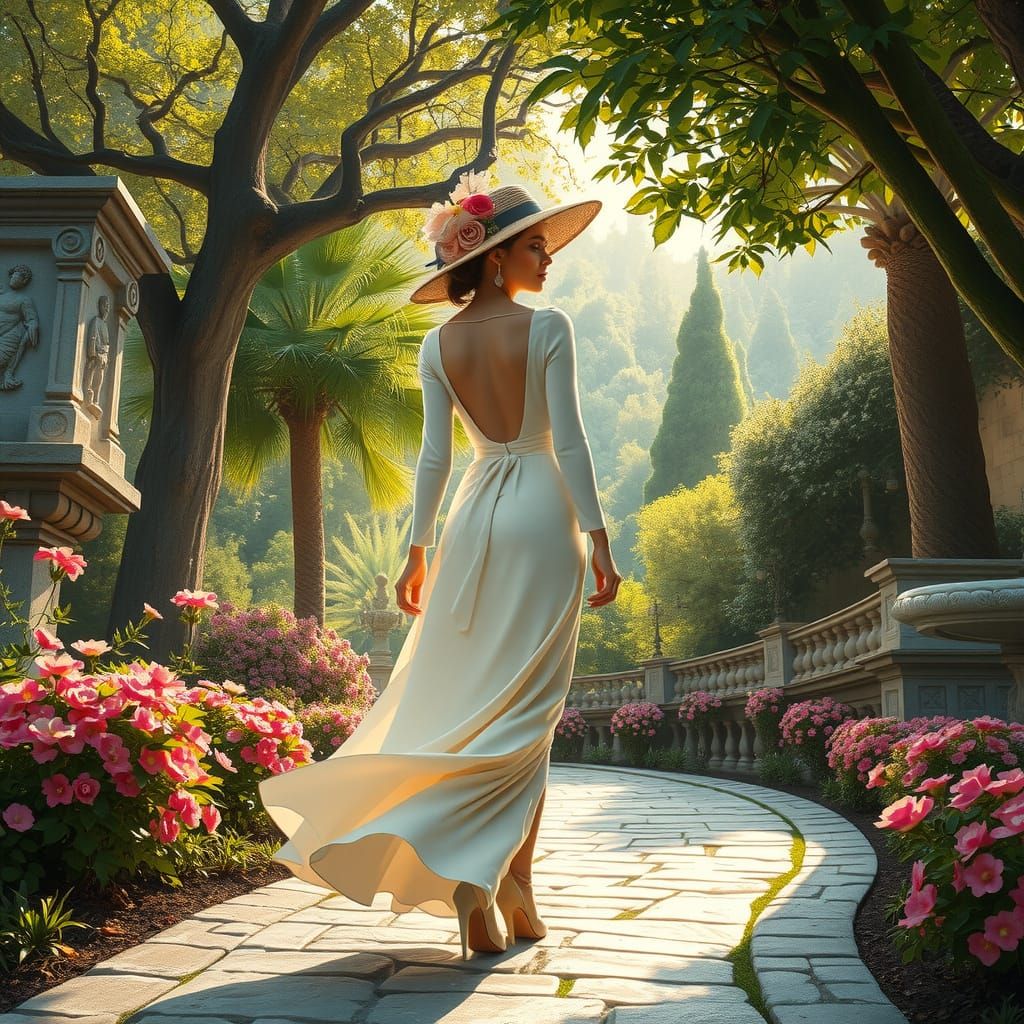Elegant Woman Strolls through Vibrant Garden