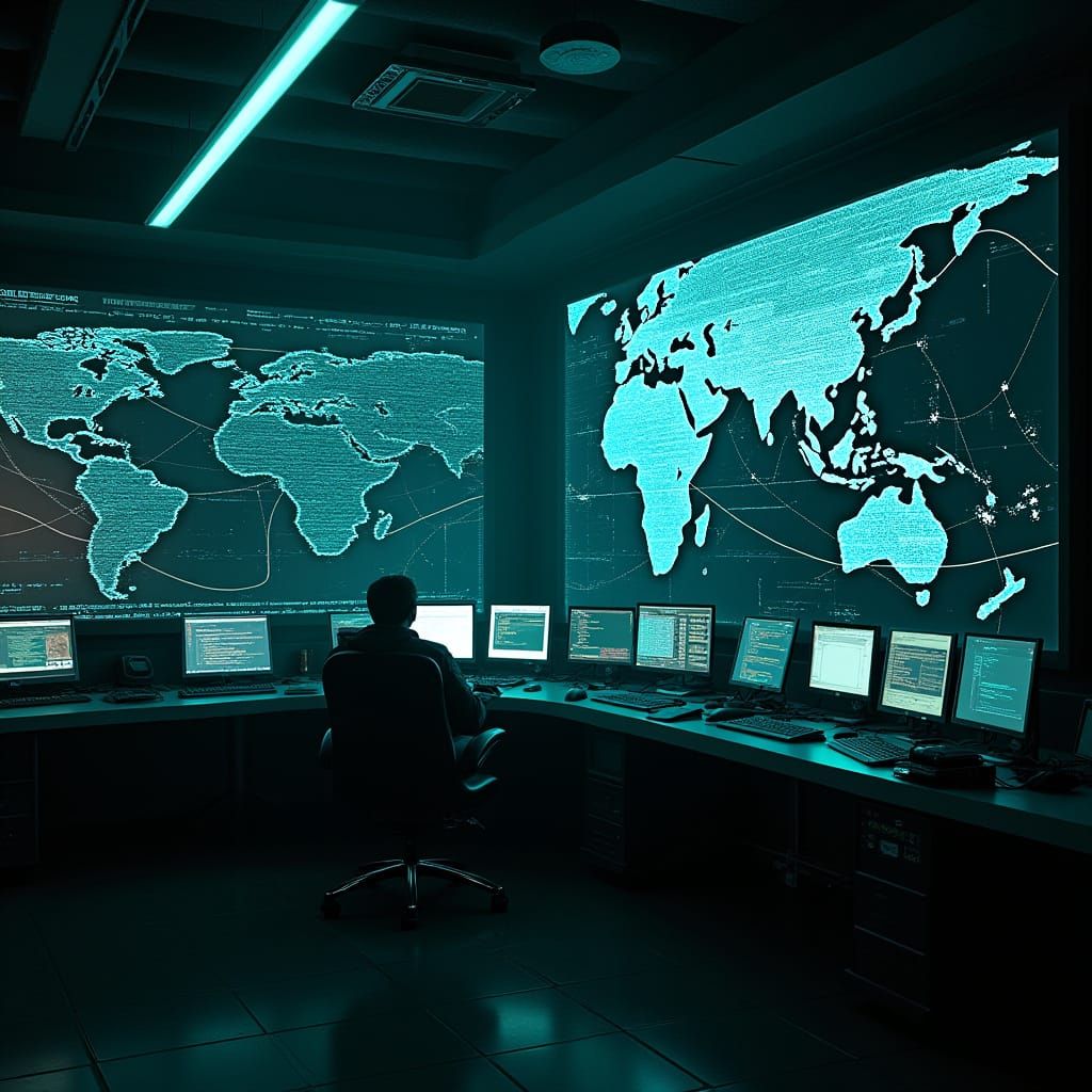 Cyberpunk Control Room in Dark, Futuristic Atmosphere