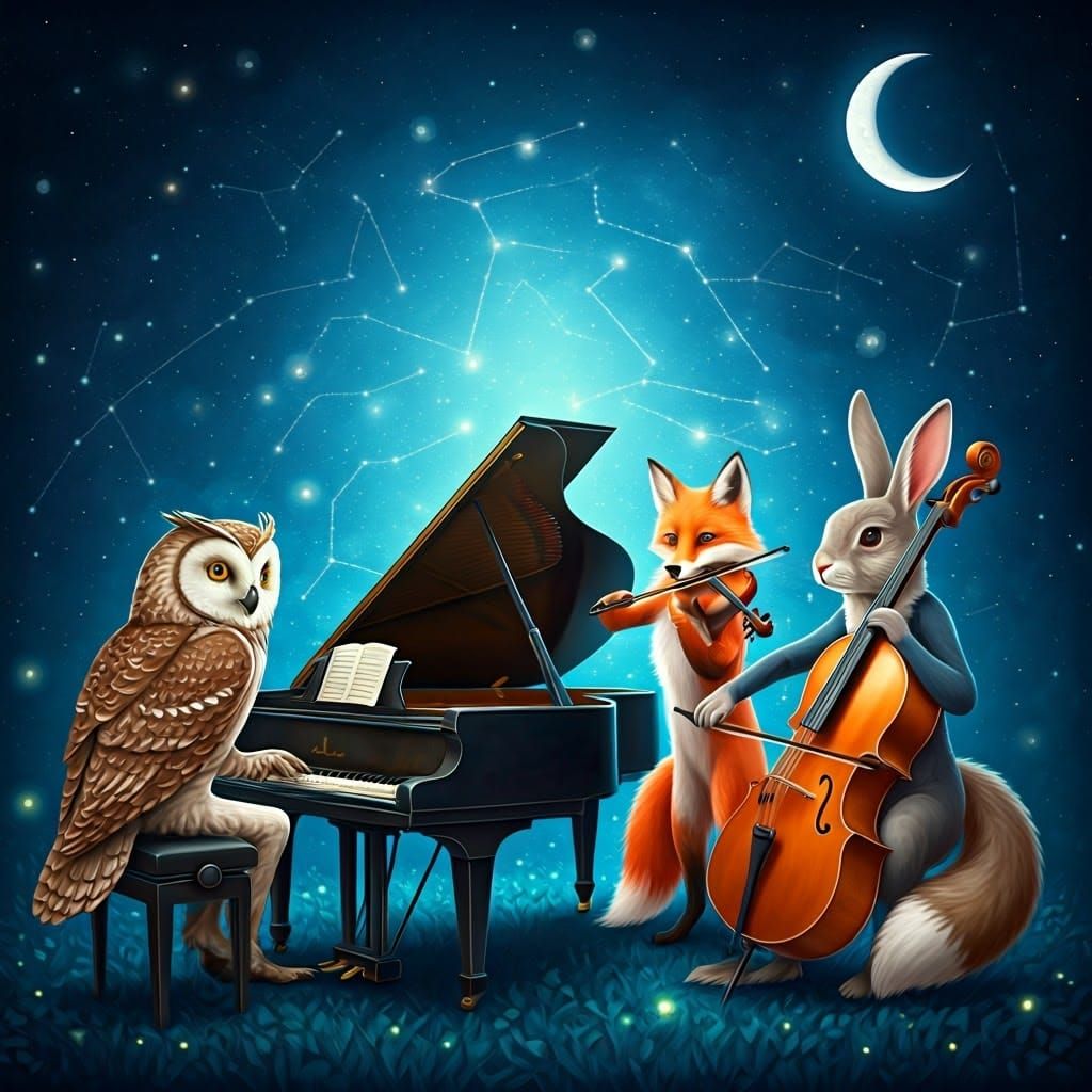Celestial Concerto with Whimsical Creatures Under Starry Ski...