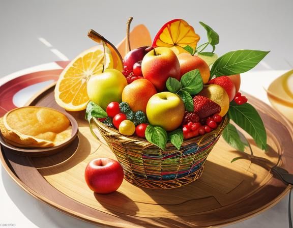 Vibrant Still Life with Fruits and Exotic Dishes