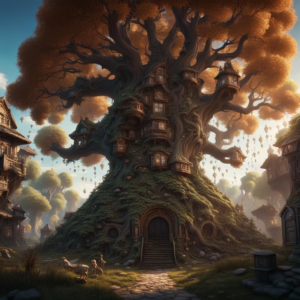 Magical Tree with Tiny Doors: Fantasy Concept Art