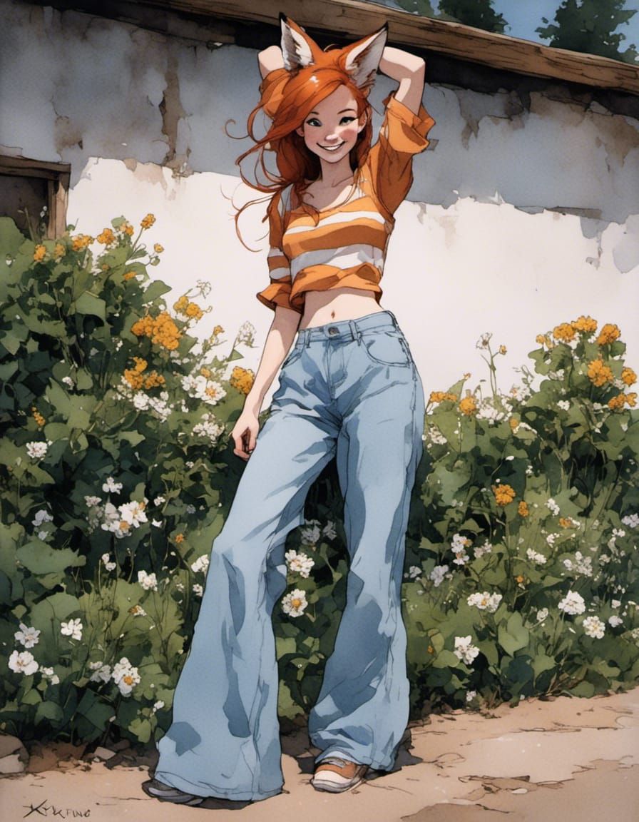 Fox-girl VIXEN, toothy grin smile, wearing striped t-shirt a...