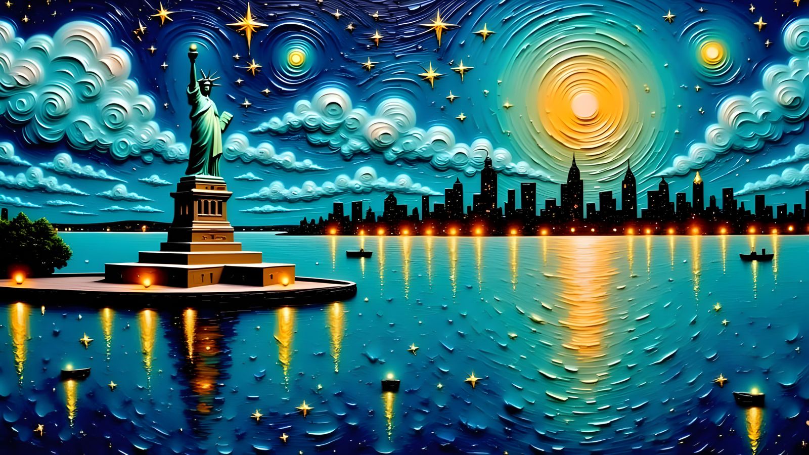 Liberty in Surreal Impasto Harbor Scene