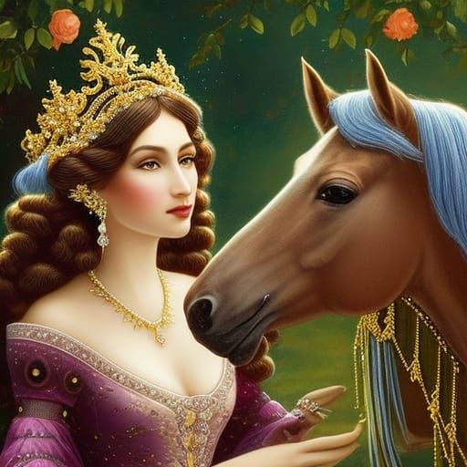 Horse Queen with Palomino in Whimsical Style