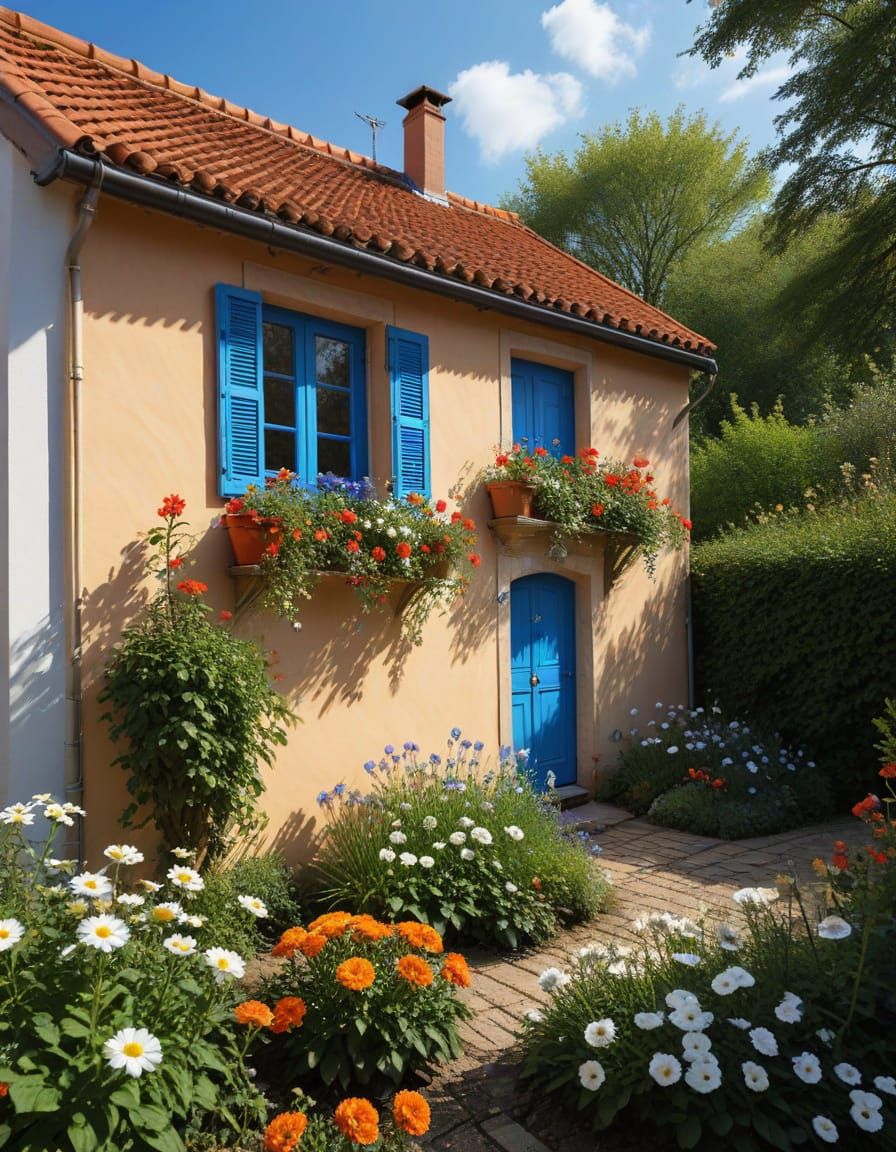 A charming, light-filled painting of a small, Mediterranean-...