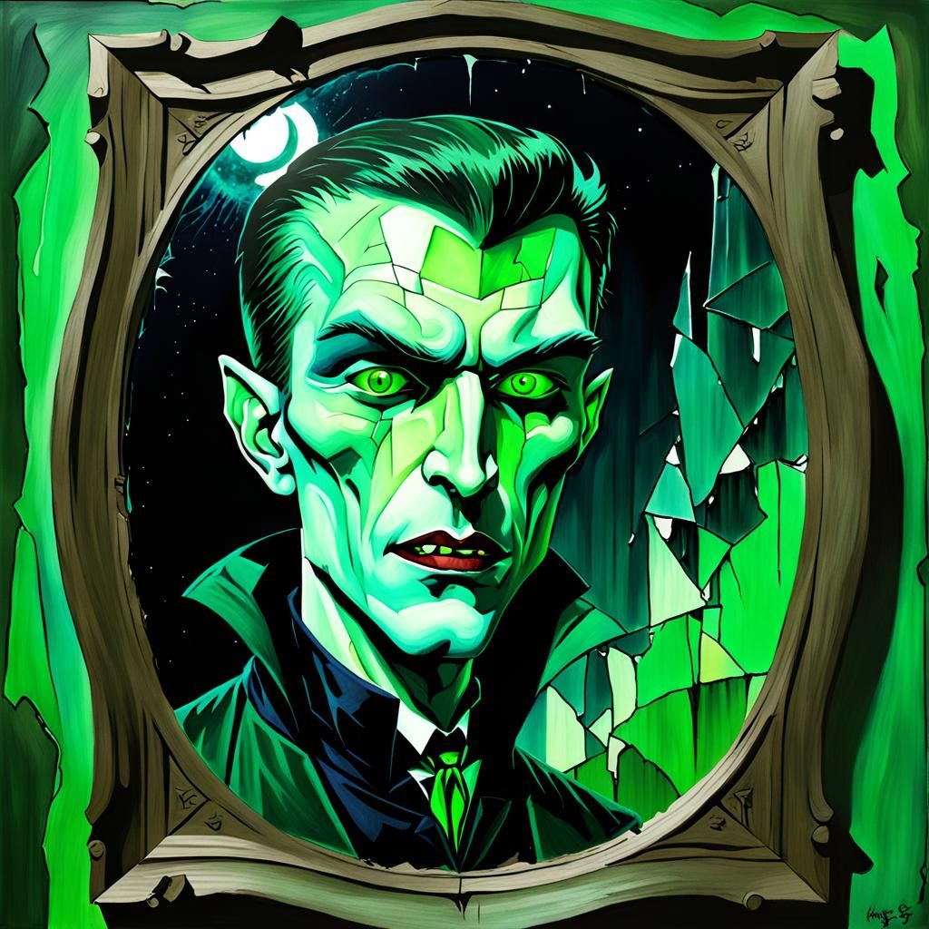 Horror Vampire in Broken Mirror with Green Glow