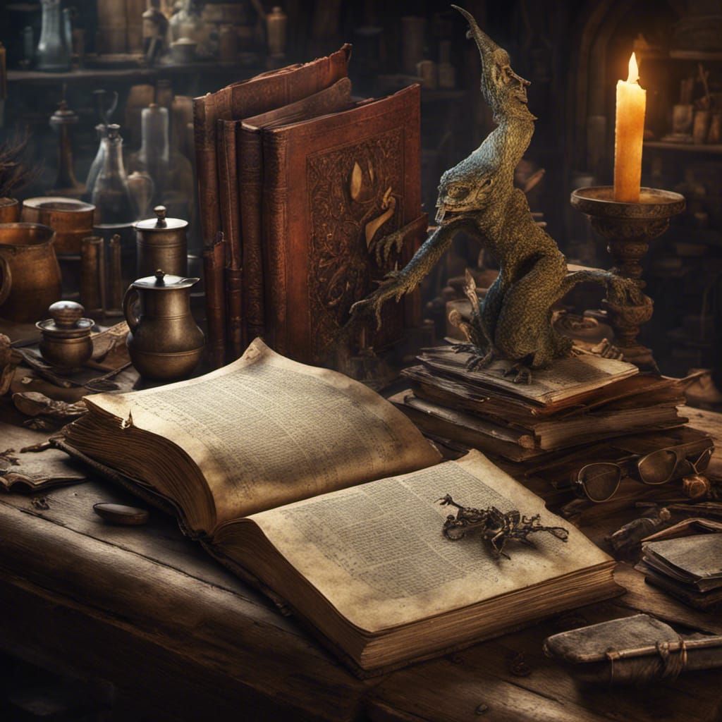 an open book atop a very old wooden desk in a cluttered medieval alchemist's laboratory medieval characters, creatures c...