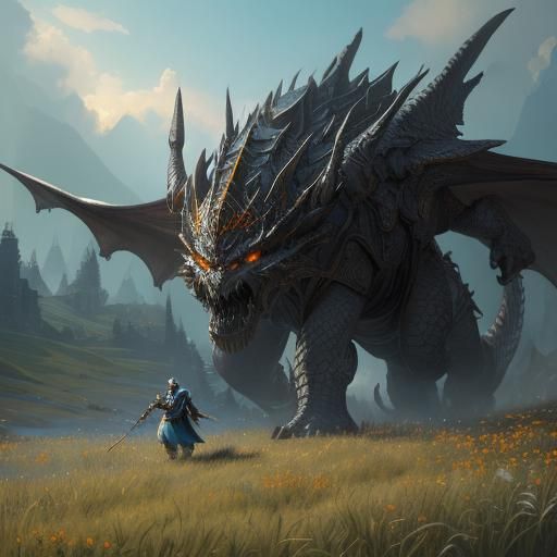 Dwarf and Dragon in Sunlit Meadow, Art Nouveau