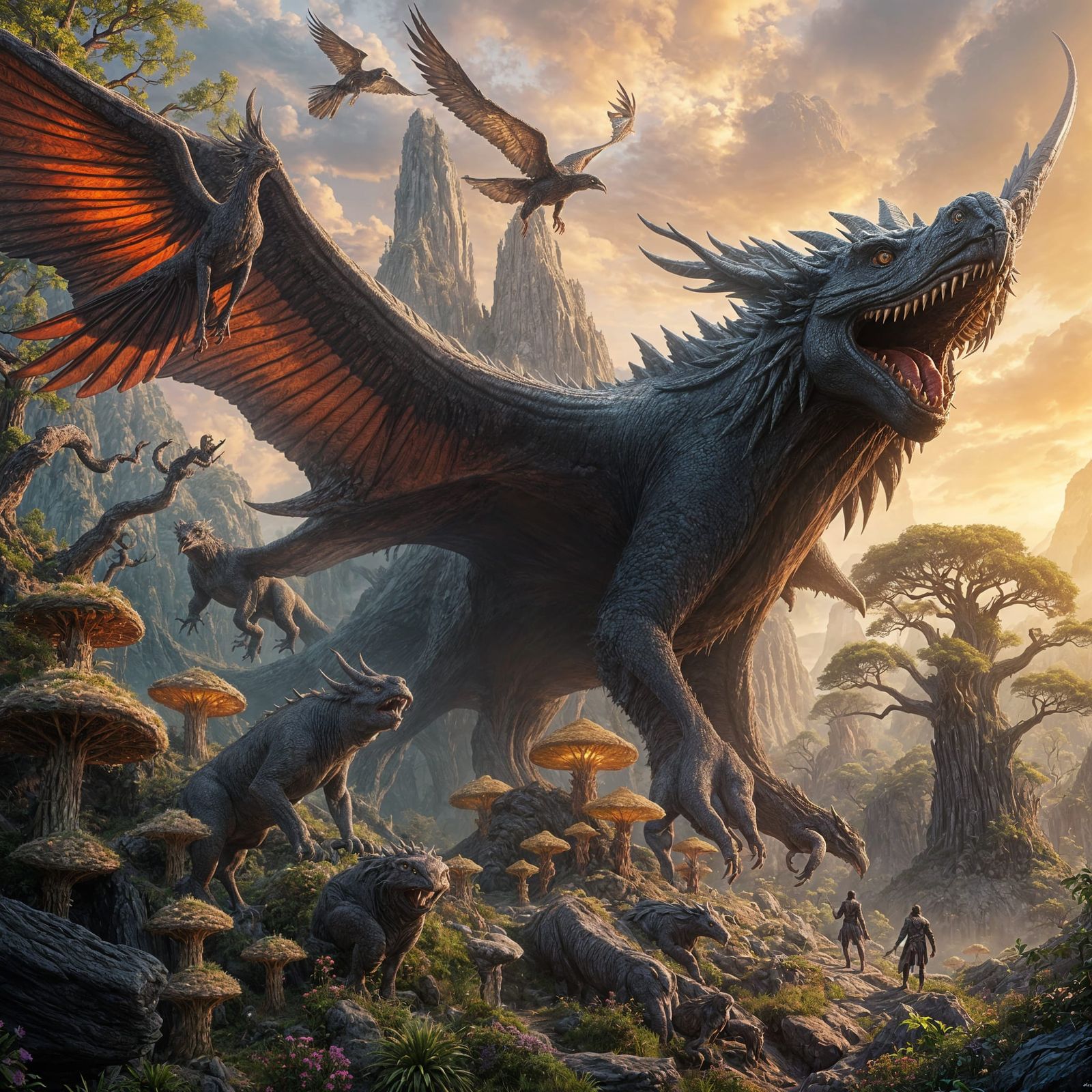 Fantastical Creatures in a Vibrant, Dreamlike Landscape