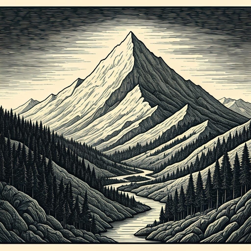 Mystical Mountain Range in Woodcut Etching Style