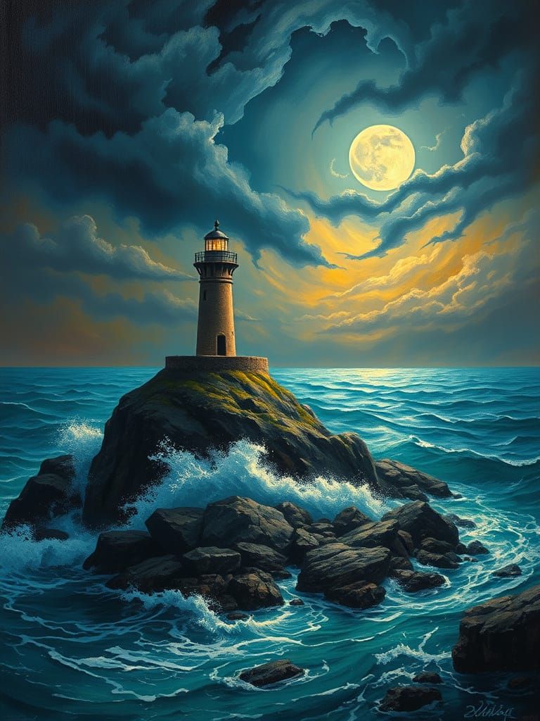 Misty Lighthouse Amidst Turbulent Sea, in a Moody, Atmospher...