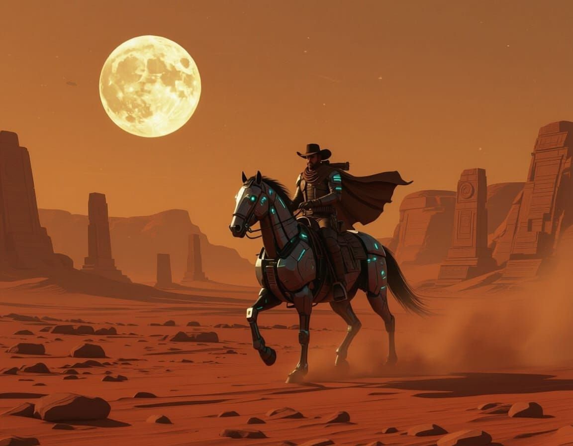 Space Cowboy Rides Cybernetic Horse on Alien Planet
