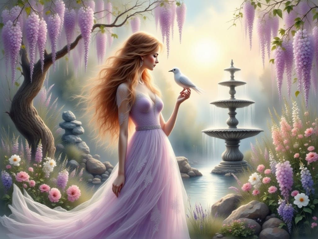 Woman with Bird in Fantasy Garden, in Watercolor Style