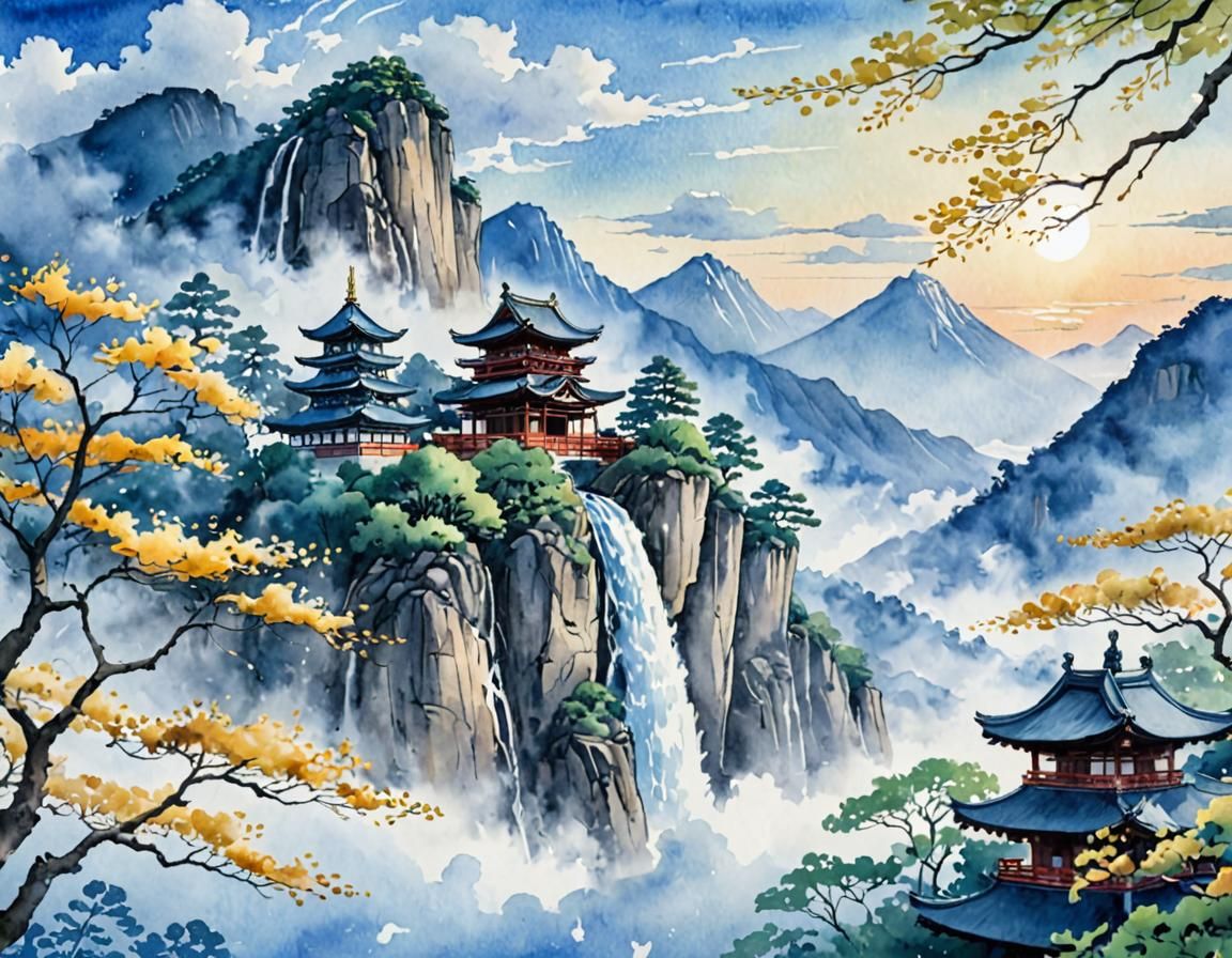 Watercolor Temple with Ginkgo Tree and Waterfall