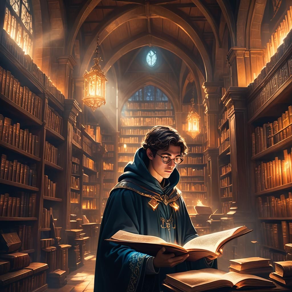 Young Student Studies Magic Textbook in Library