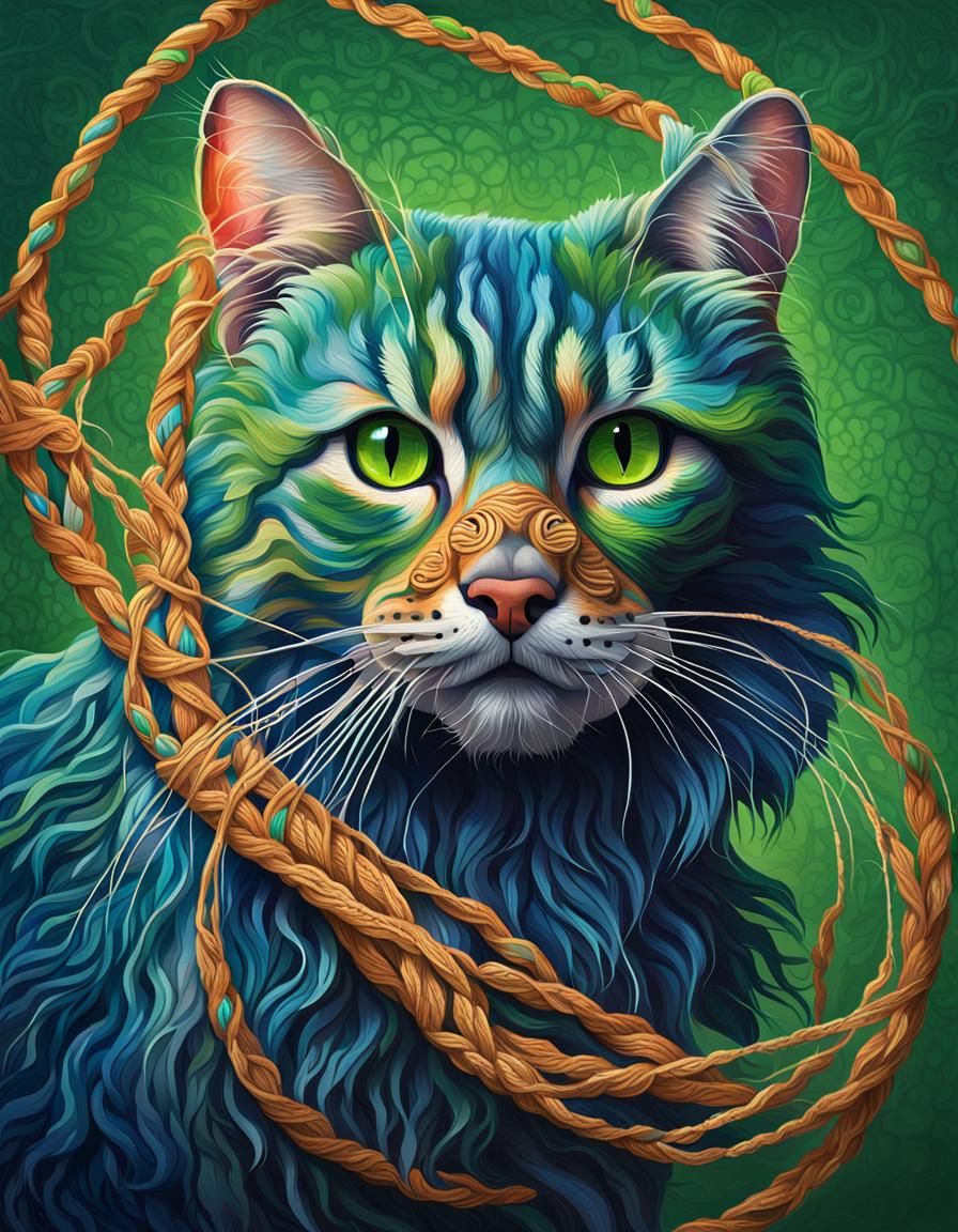 Macrame Cat Pouncing: Hyperrealistic Splash Art