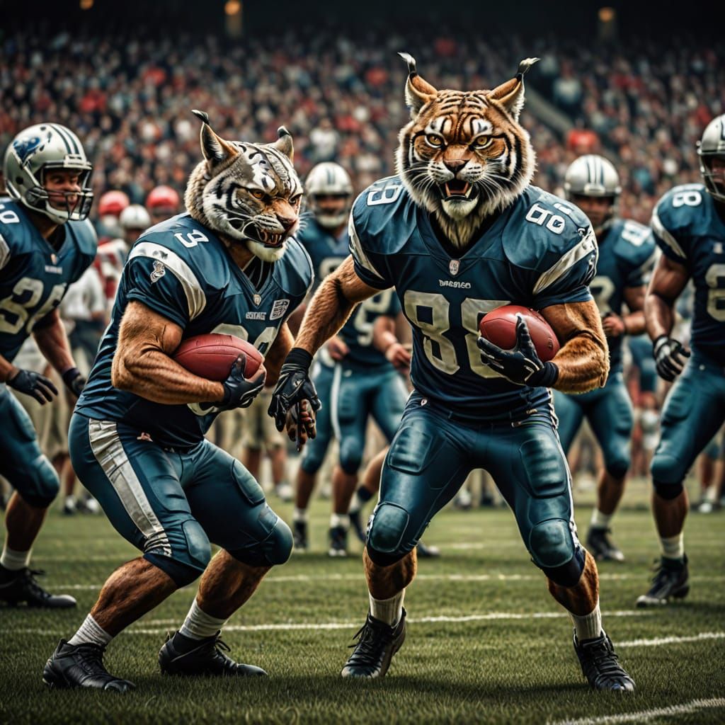 Anthropomorphic Lynxes playing American football scrimmage