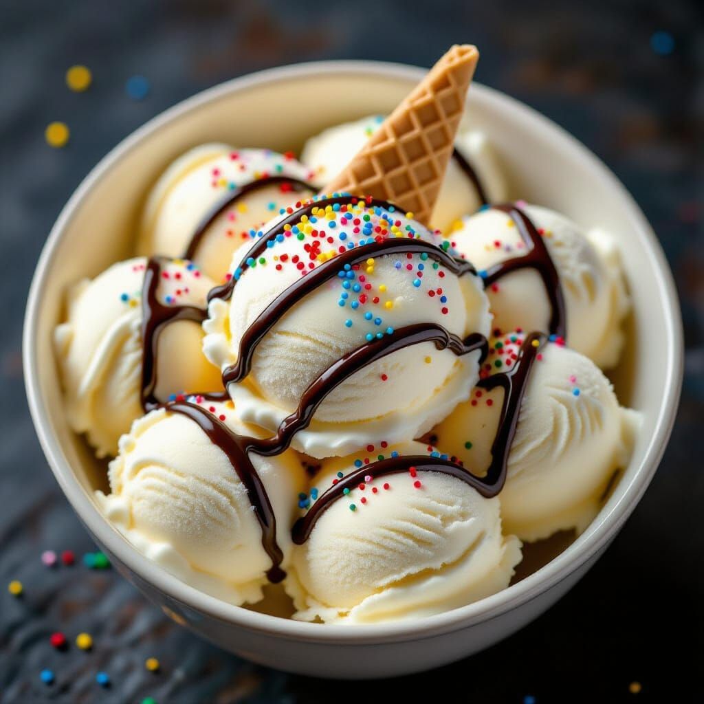 Creamy Vanilla Ice Cream With Sprinkles and Chocolate Sauce