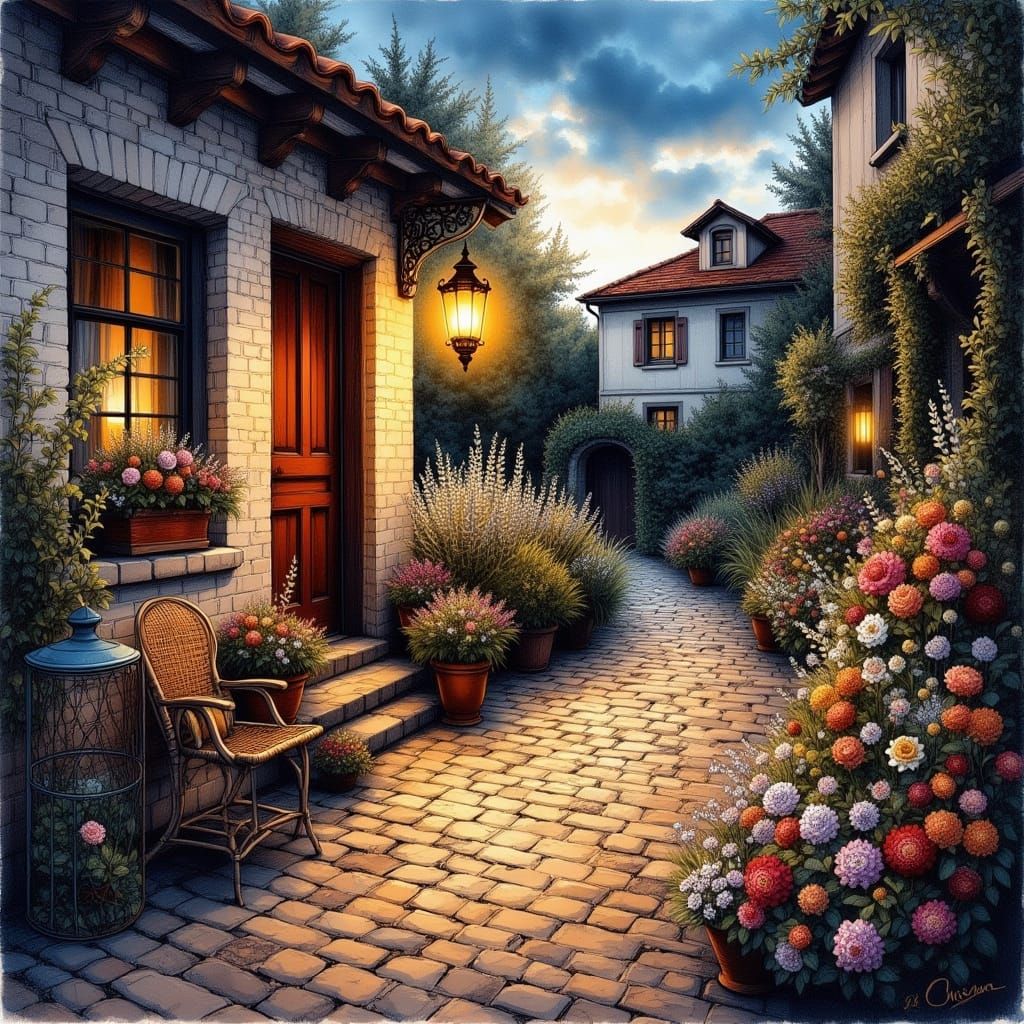 Old Lantern Glow on Cobblestone Path with Wildflowers