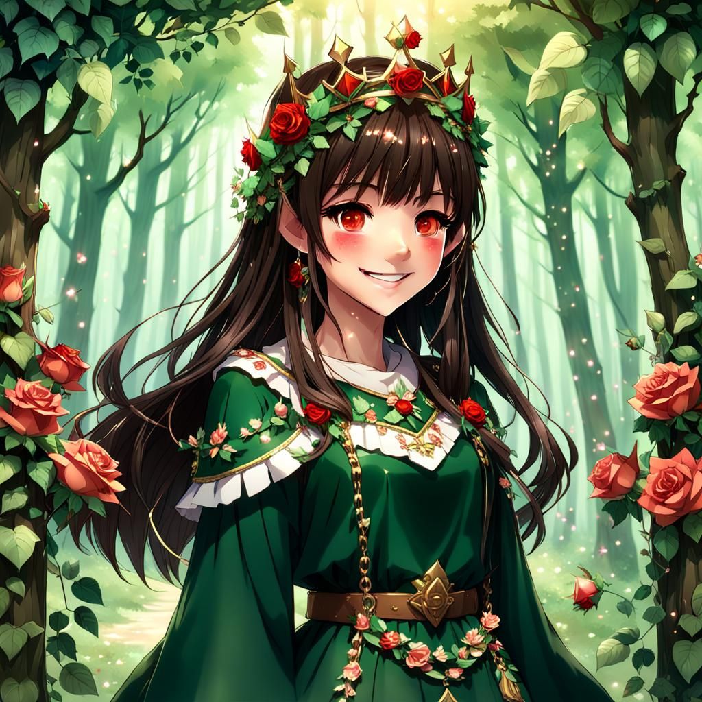 Anime Girl with Rose Crown in Forest