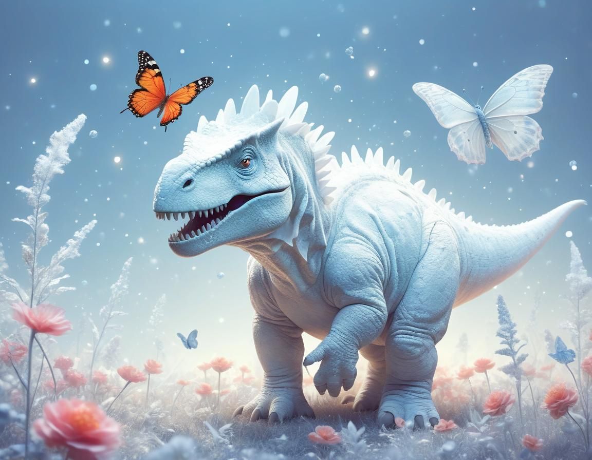 Ethereal White Dinosaur with Butterfly: Minimalist Floral Ar...