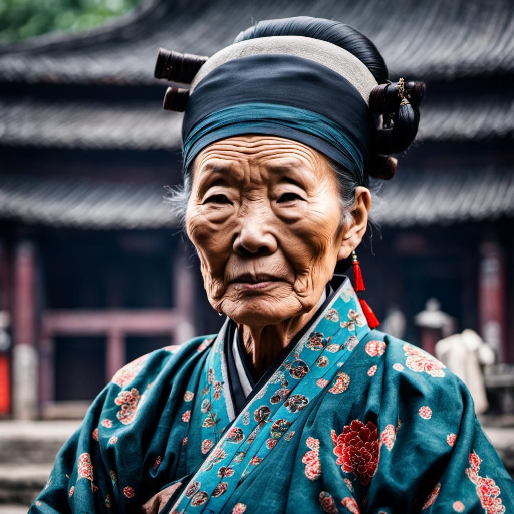 Stern Old Chinese Lady in Traditional Clothing