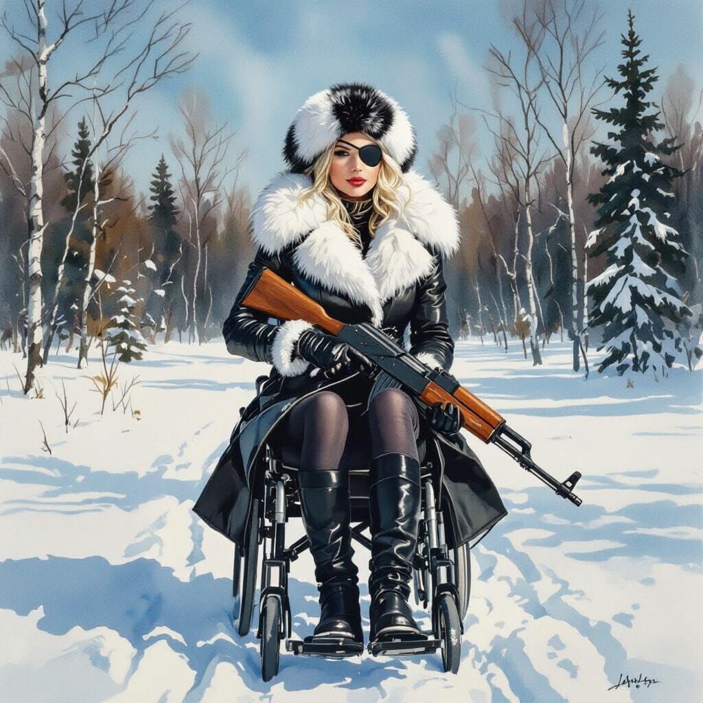 Impressionistic Woman Hunter in Snowy Siberian Woods