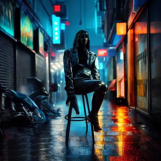 Cyberpunk concept art. Medium shot. A cyborg sits on a stool in a dimly lit, rainy alleyway, surrounded by trash and fli...