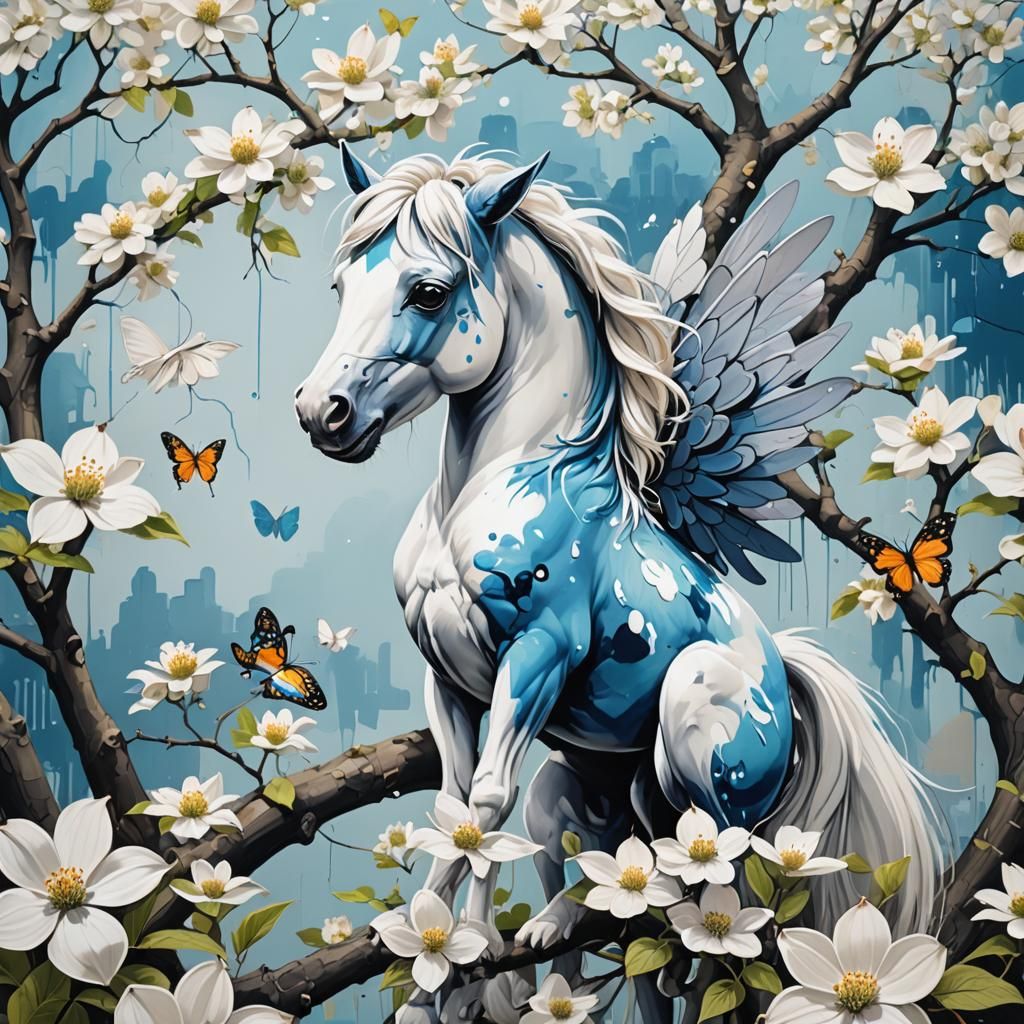 Butterfly Wing Pony in Dogwood Tree: Graffiti Art