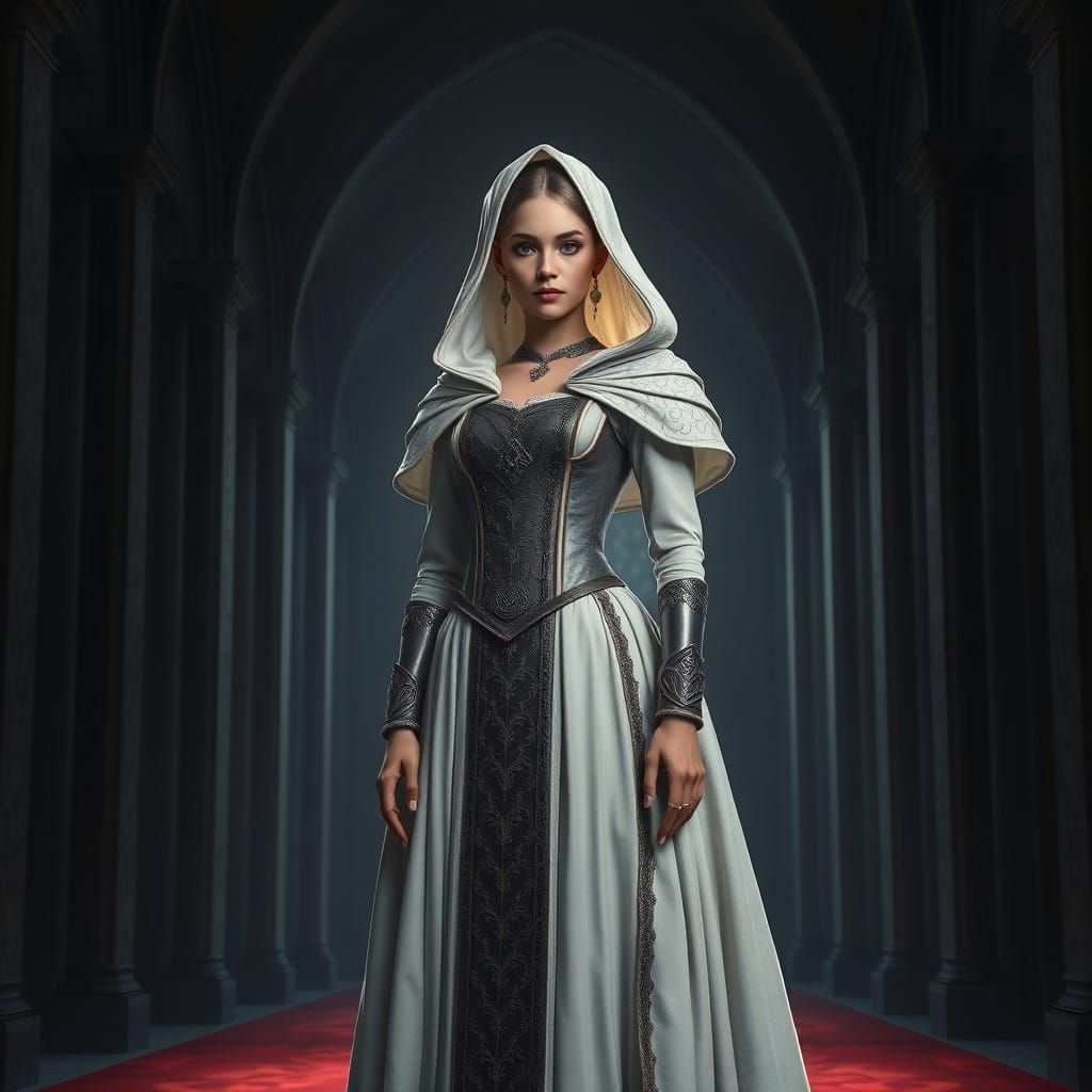 Regal Woman in Elegant Medieval Gown with Ornate Accessories