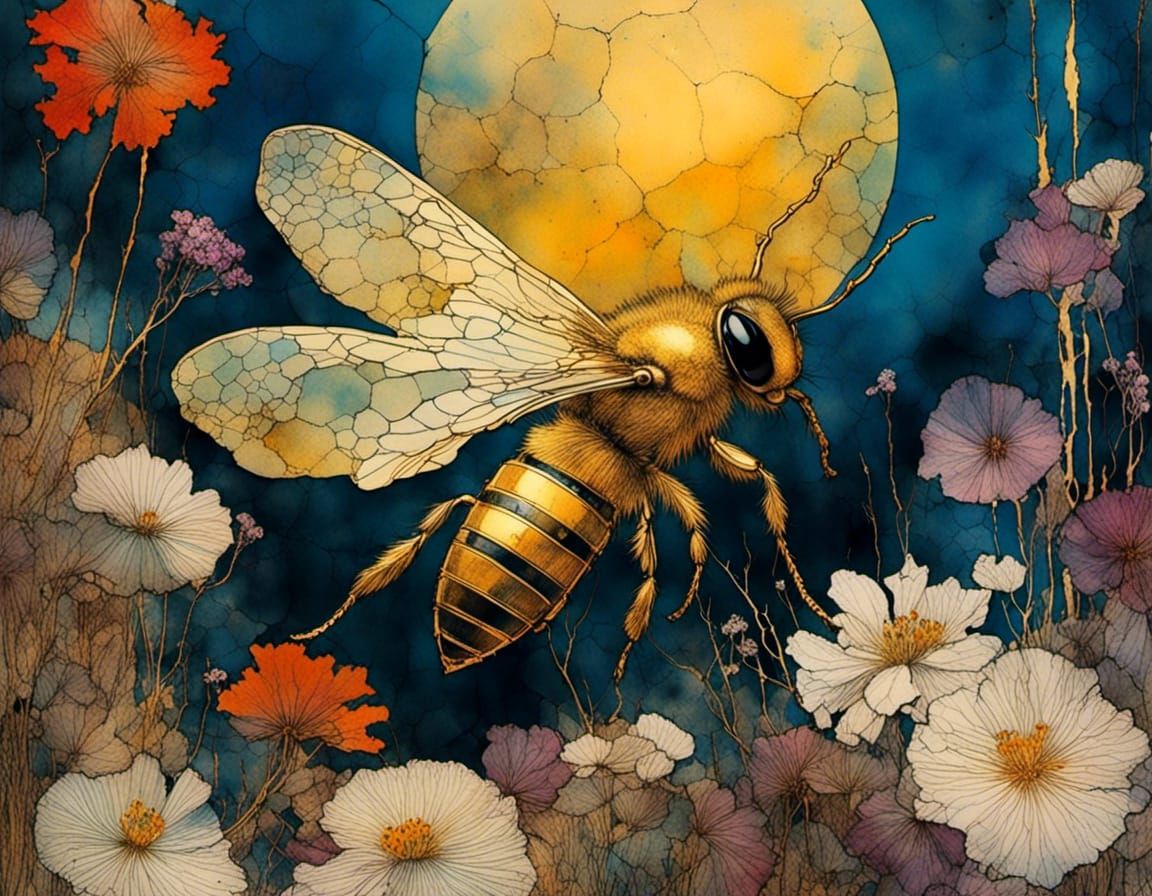 Golden Bee and Flowers in Fairytale Style