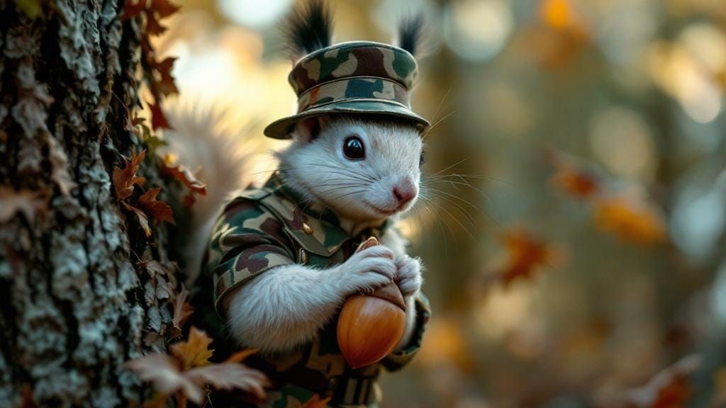 Squirrel in Camo BDU Hiding Acorns